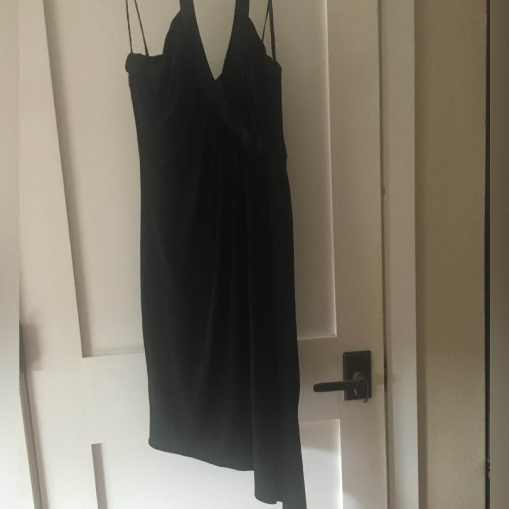 Laundry Shelli Segal Faux Wrap Dress 4 Black Silk Detail Asymmetric Hem Cocktail